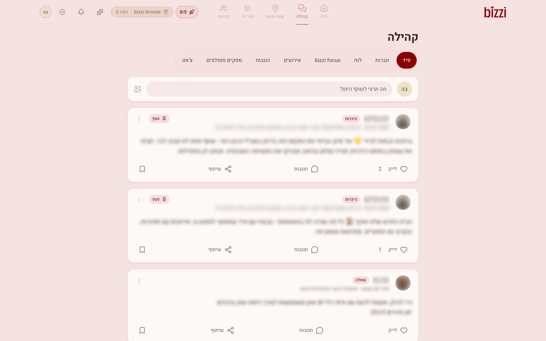 הפיד של קהילת bizzi בפלטפורמה — פוסטים של חברות הקהילה, פרטים מטושטשים לשמירה על פרטיותן